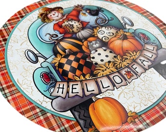 Hello Fall Scarecrow Truck Metal Sign 10"x10"