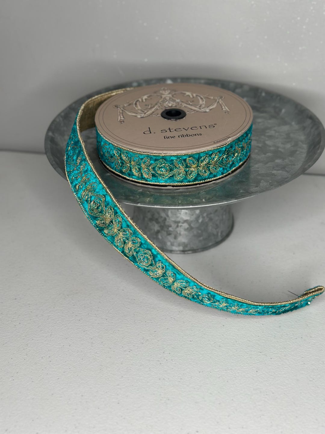 Rare D Stevens Fine Luxury Ribbon Turquoise Gold Velvet 1.5