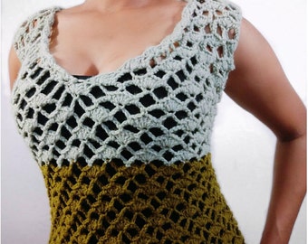 May include: A crocheted top with a sleeveless design. The top is made with a light green and a dark green yarn. The top has a loose, open weave.