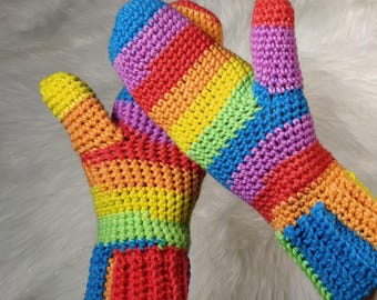 Modèle de mitaines d'hiver au crochet à rayures arc-en-ciel - Gants à revers tendance