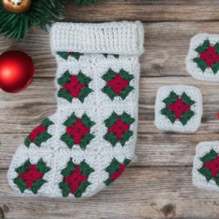 39 Christmas Stocking Crochet Patterns for Handmade Holiday Keepsakes 39 Mistletoe Granny Square Christmas Stocking Crochet