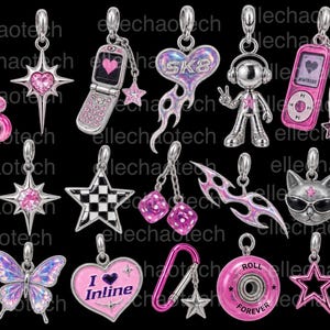 May include: A collection of silver-toned metal charms featuring various designs including a pink rollerblade, a flip phone, a heart with flames, a music player, a cat with sunglasses, dice, a butterfly, headphones, and stars with pink accents.