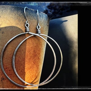 Hammered Silver Dangle Hoop Earrings, 2” Stainless Steel Wire Hoops