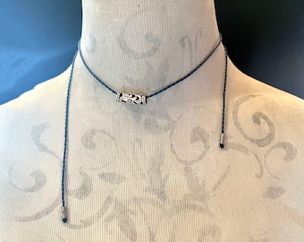 Boho Gypsy String Choker, Silver Bar Pendant Necklace
