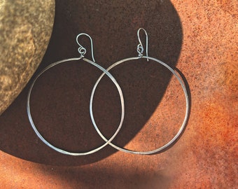 Boho Hoop Earrings, Hammered silver Hoops, Rustic Jewelry, Large 2 1/2” Hoop, Oxidized,  Hand Forged, Organic Handmade, Hippie Style