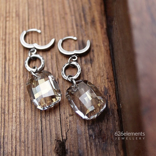 Swarovski crystal 925 silver earrings - oxidised sterling silver simple hoops sparkly earrings - handmade modern jewellery