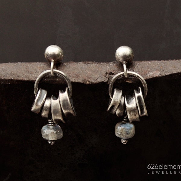 Sterling silver labradorite stud earrings - oxidized sterling silver - small labradorite earrings - artisan handmade everyday earrings