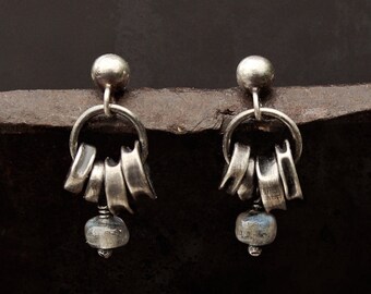 Tiny Rectangle Stud Earrings Textured /& Oxidised Sterling Silver