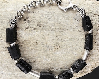 Black tourmaline bracelet | Oxidized sterling silver and raw stone bracelet | Black and silver jewellery