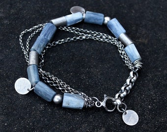 Kyanite oxidized sterling silver bracelet - blue beaded kyanite raw silver multi chain bracelet - handmade modern unique jewellery