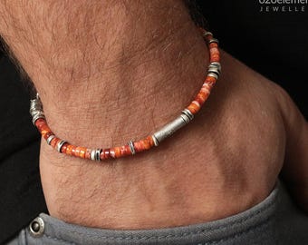 Spiny Oyster & 925 Silber Herren Armband - Oxidiertes Sterling Silber - Orange Rote Perlen - Handgemachter Schmuck