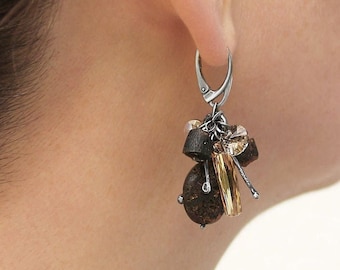 Amber swarovski sterling silver earrings - Raw unpolished amber, swarovski crystals, oxidized 925 raw sterling silver earrings