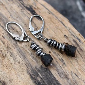 Raw Oxidized Silver Earrings with Raw Amber Beads, Fine Silver Beads, Raw Sterling & Fine Silver Earrings, Modern Earrings, Simple Earrings