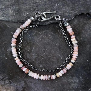 Pink opal sterling silver bracelet - delicate pastel rose gemstones, oxidised fine & 925 silver jewellery
