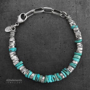 Turquoise sterlingzilveren armband - handgemaakte unieke herenarmband van geoxideerd ruw zilver en turquoise