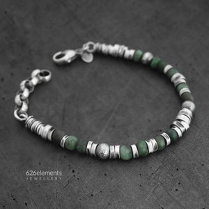 Green emerald sterling silver bracelet - unique natural deep forest green emerald and oxidised 925 silver handmade men's bracelet