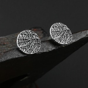 Raw Oxidized Sterling Silver Circle Stud Earrings, Raw Sterling Silver Earrings, Sterling Stud, Modern Earrings - birthday gift