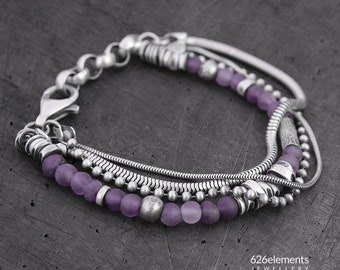 Amethyst sterling silver bracelet - handmade purple amethyst oxidised sterling silver layered bracelet - unique gift for her