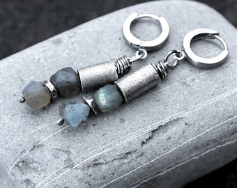 Raw Labradorite Earrings Raw Oxidized Silver with Labradorite Beads, Raw Sterling Silver Earrings, Simple, Delicate, Modern, Birthday Gift