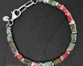 Afrikanischer Türkis & Spiny Oyster Armband - Oxidiertes 925 Sterling Silber - Handgefertigtes Perlen Herren Armband