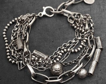 Schicht-Armband aus Sterling Silber - handgemachter, oxidierter massiv 925 Silber, moderner mehrsträngiger Ketten-Statement-Schmuck
