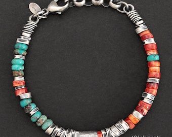 Rote Spiny Oyster & Türkis Armband - Oxidiertes 925 Sterling Silber - Moderner Perlen Schmuck