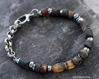 Herren Roher Bernstein Sterlingsilber Armband - Oxidiertes 925 Silber - Naturperlen - Rustikaler handgemachter Schmuck
