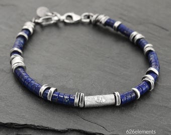 Blue Lapis Lazuli Heishi Bracelet - Oxidised Sterling Silver - 4mm Gemstone Bead Handmade Bracelet