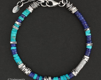 Lapis Lazuli & Turquoise 4mm Bracelet - Blue Heishi Beads - Oxidised Sterling Silver - Handmade Jewellery