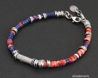 Spiny Oyster & Lapis Lazuli 4mm Bracelet - Oxidised Sterling Silver - Heishi Beaded Handmade Jewellery