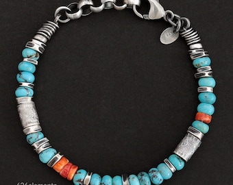 Turquoise & Orange Spiny Oyster Bracelet - Oxidised Sterling Silver - 6mm Beads - Handmade Men's Jewellery