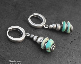 Turquoise raw sterling silver earrings - handmade blue green turquoise oxidized silver earrings