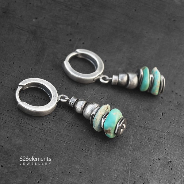 Turquoise raw sterling silver earrings - handmade blue green turquoise oxidized silver earrings - gift for her