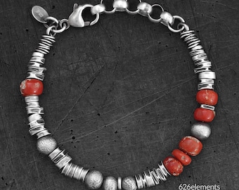 Herren Armband aus Sterling Silber rote Koralle - rohe natürliche italienische Korallen - oxidierter 925er Silberschmuck