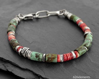 African Turquoise & Spiny Oyster Bracelet - Oxidised 925 Sterling Silver - Handmade Beaded Men's Bracelet