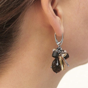 Amber swarovski sterling silver earrings - Raw unpolished amber, swarovski crystals, oxidized 925 raw sterling silver earrings