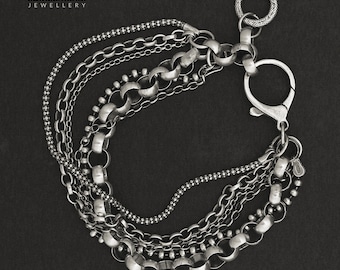 Sterling Silber Multi-Strang Armband - oxidiertes massives 925er Silber - Damen Multi-Kette Schmuck Geschenk
