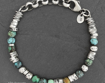Türkis & Sterling Silber Herren Armband - Oxidiertes Silber - Blaue, Grüne Edelsteine - 6 mm Perlen - Handgemachter Schmuck