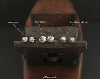Oxidised sterling silver stud earrings - solid 925 silver, 24k gold rustic minimalist dot studs
