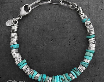 Turquoise sterling silver bracelet - handmade oxidised raw silver and turquoise unique mens bracelet
