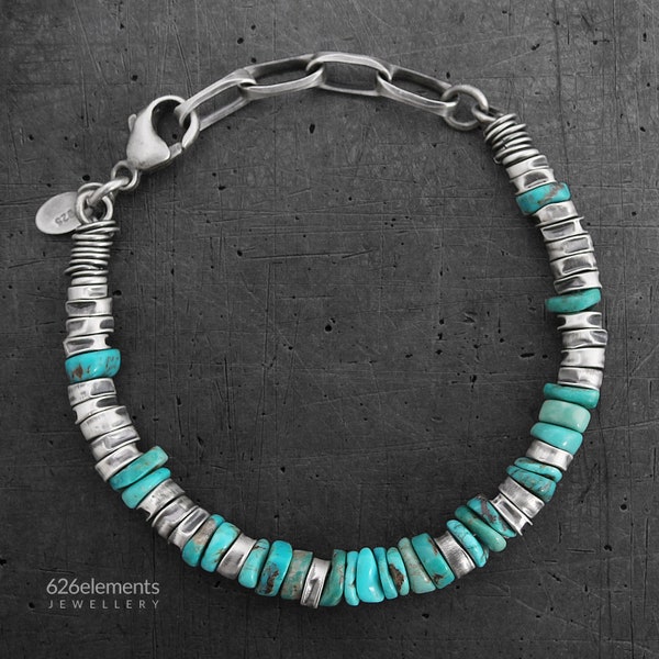Bracelet turquoise en argent sterling - Bracelet homme unique en argent brut oxydé et turquoise fait main