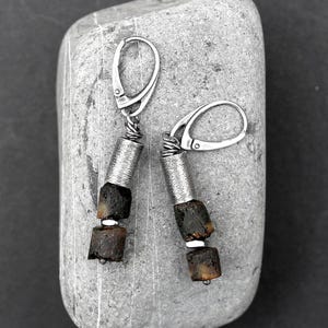 Earrings - raw oxidized sterling silver, brushed silver earrings, 925 sterling silver, hoop earrings, raw amber earrings