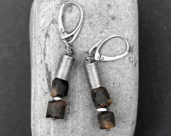 Baltic amber 925 silver dangle earrings - oxidised sterling silver, brown natural beads - handmade jewellery