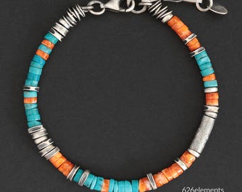 Blue Turquoise & Spiny Oyster Bracelet - Oxidised 925 Sterling Silver - 4mm Beaded Handmade Jewellery