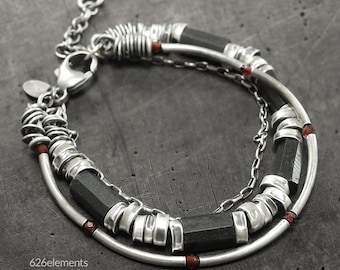 Tourmaline garnet 925 silver bracelet - black tourmaline, red garnet and oxidised sterling silver handmade layered womens bracelet