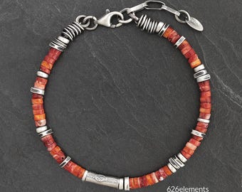 Spiny Oyster & 925 Silver Men's Bracelet - Oxidised Sterling Silver - Orange Red Beads - Handmade Jewellery