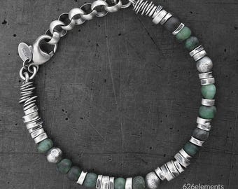 Emerald Sterling Silver Men's Bracelet - Natural Deep Forest Green Gemstones - Oxidised Silver - Handmade Jewellery