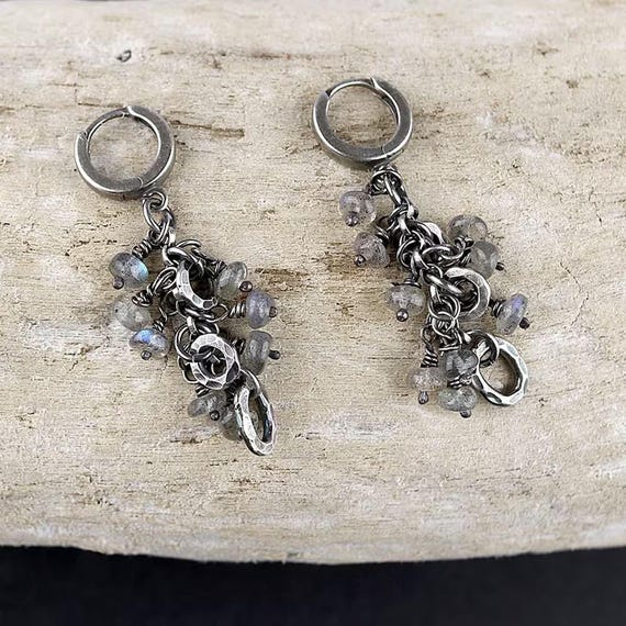 Labradorite oxidised 925 silver earrings - raw sterling silver dangle handmade jewellery