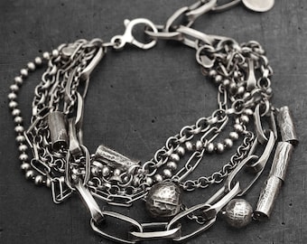 Sterling silver layered bracelet - handmade, oxidised solid 925 silver, modern multi-strand chain statement jewellery