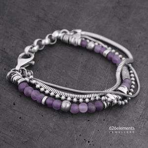 Amethyst sterling silver bracelet - handmade purple amethyst oxidised sterling silver layered bracelet - unique gift for her